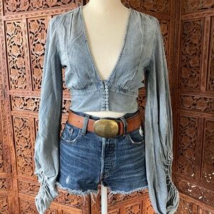Signature 6 Denim Jean Chambray Washed Blue Long-Sleeve Deep V Crop Top
